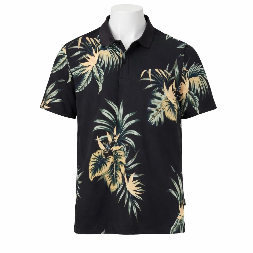 Size L Jack & Jones Men’s Tropical Print Polo Shirt Black Vacation Summer Shirt